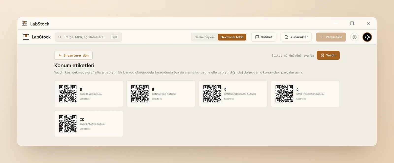 QR etiket baskı ekranı